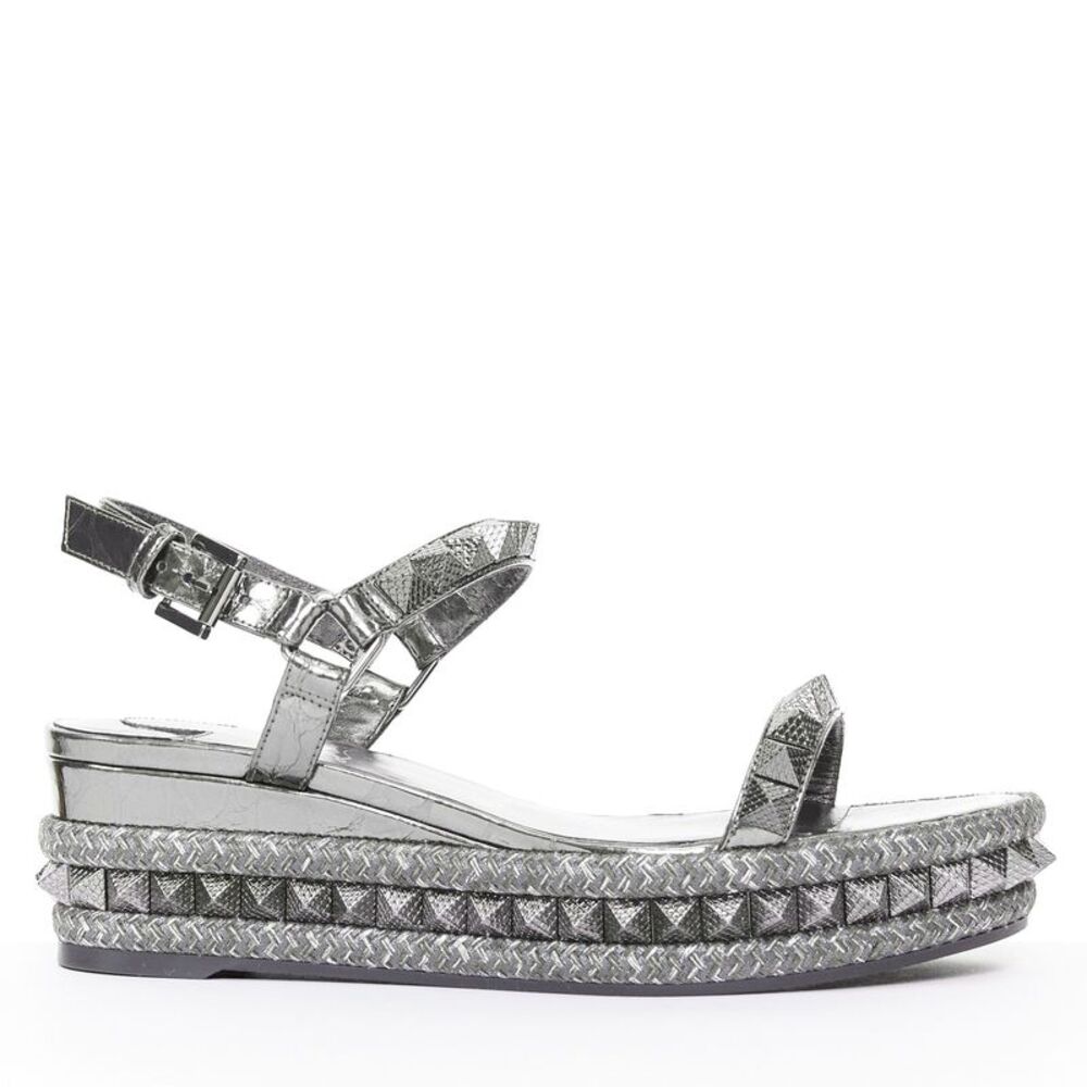 CHRISTIAN LOUBOUTIN Pyraclou 60 Anthracite silver studded espadrille sandal EU38